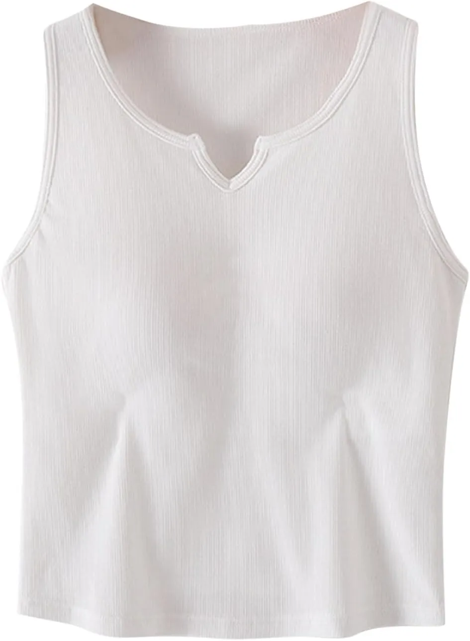 Womens Tank Top Built in Bra Notch V Neck Smooth Soft Lightweight Crop Smooth Athletic Workout Yoga Tanks Undershirt