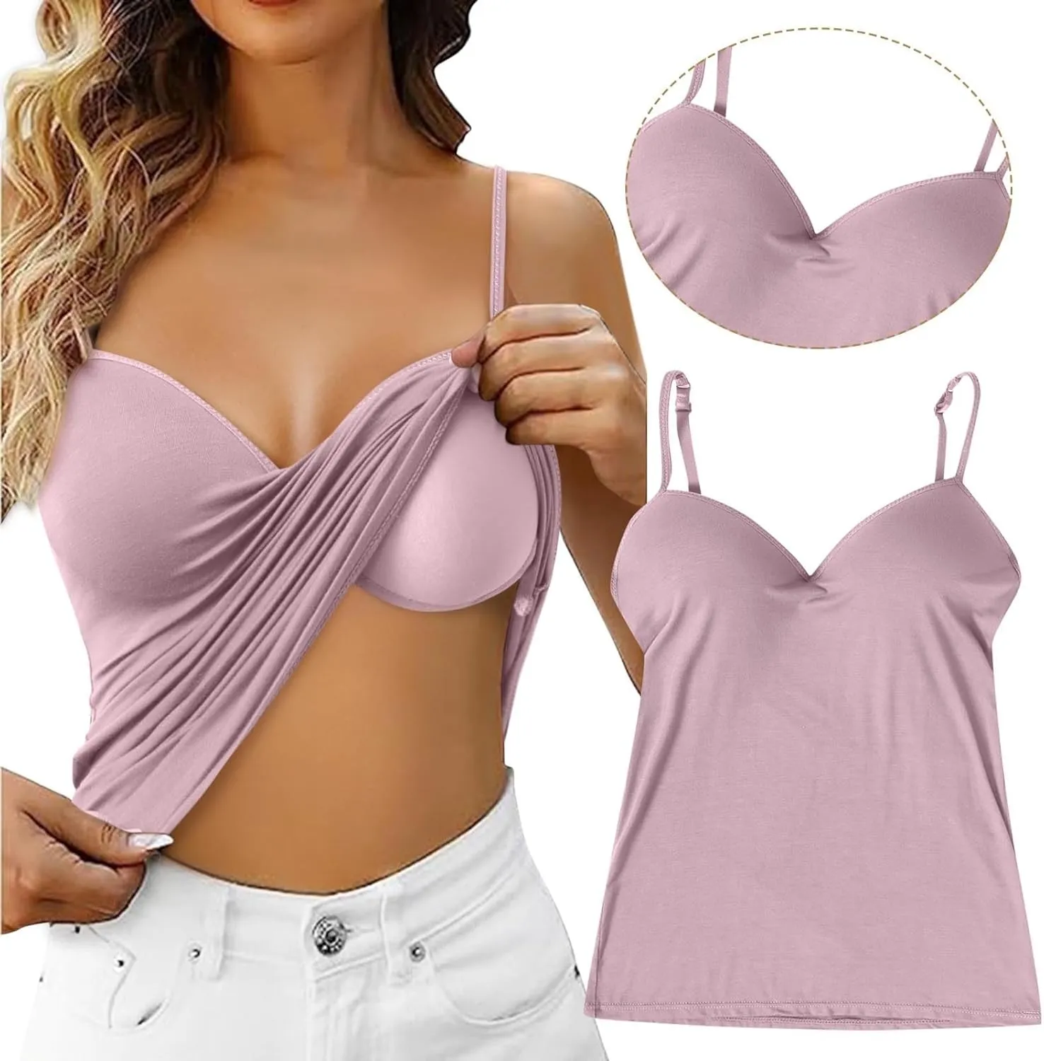 Womens Tank Tops Built in Bra Sexy V Neck Spaghetti Strap Tops Comfort Lightweight No Underwire Bra Tshirt Tees