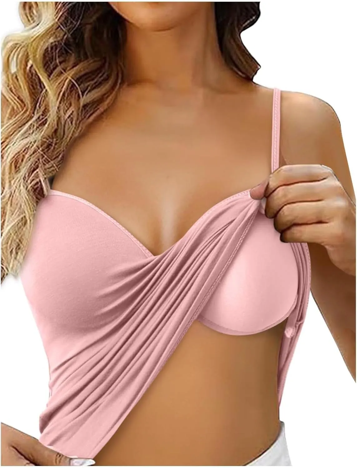 Womens Tank Tops Built in Bra Sexy V Neck Spaghetti Strap Tops Comfort Lightweight No Underwire Bra Tshirt Tees