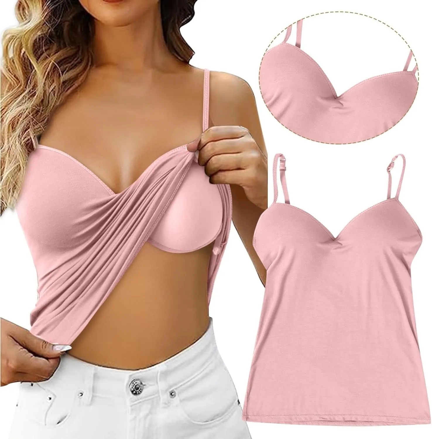 Womens Tank Tops Built in Bra Sexy V Neck Spaghetti Strap Tops Comfort Lightweight No Underwire Bra Tshirt Tees