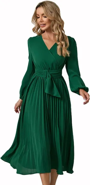Womens Wrap V Neck Maxi Dress Long Sleeve A Line Pleated Flowy Dress Wedding Guest Dress