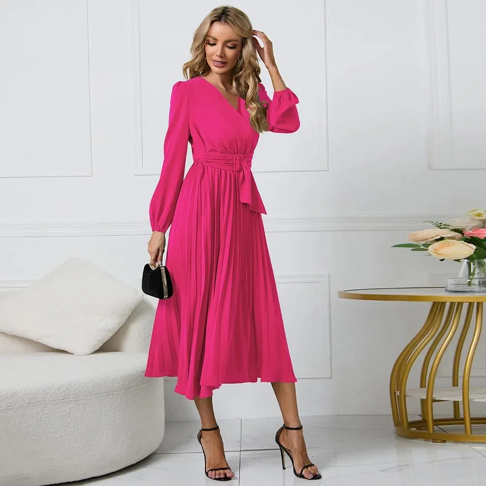 Womens Wrap V Neck Maxi Dress Long Sleeve A Line Pleated Flowy Dress Wedding Guest Dress
