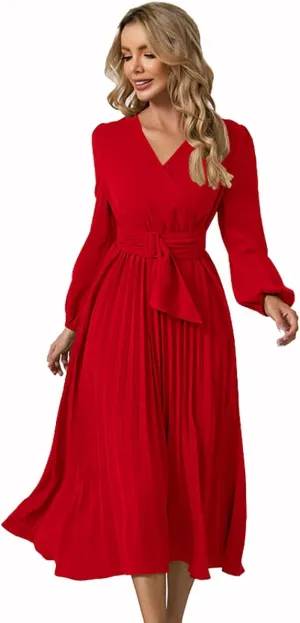 Womens Wrap V Neck Maxi Dress Long Sleeve A Line Pleated Flowy Dress Wedding Guest Dress