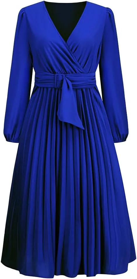 Womens Wrap V Neck Maxi Dress Long Sleeve A Line Pleated Flowy Dress Wedding Guest Dress