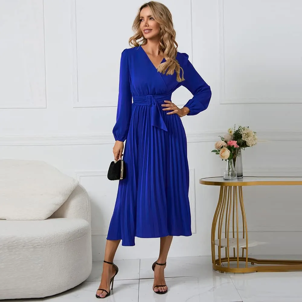 Womens Wrap V Neck Maxi Dress Long Sleeve A Line Pleated Flowy Dress Wedding Guest Dress