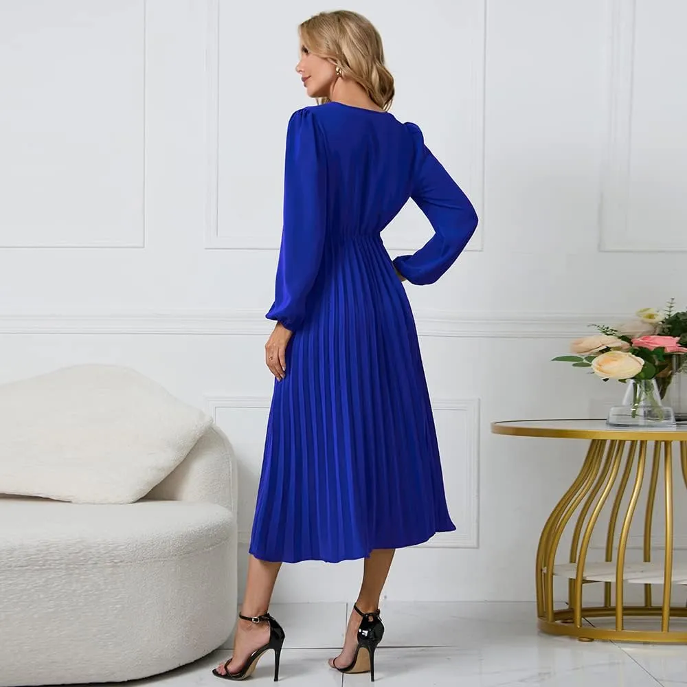 Womens Wrap V Neck Maxi Dress Long Sleeve A Line Pleated Flowy Dress Wedding Guest Dress