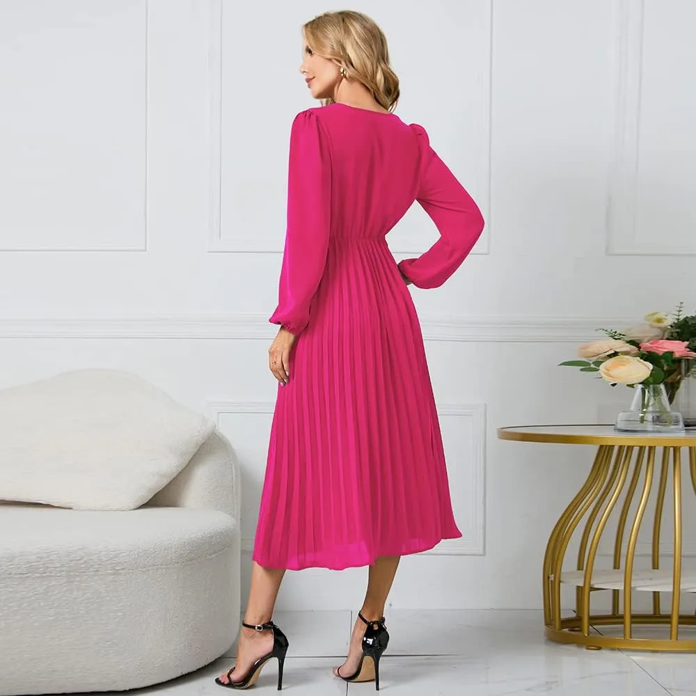 Womens Wrap V Neck Maxi Dress Long Sleeve A Line Pleated Flowy Dress Wedding Guest Dress