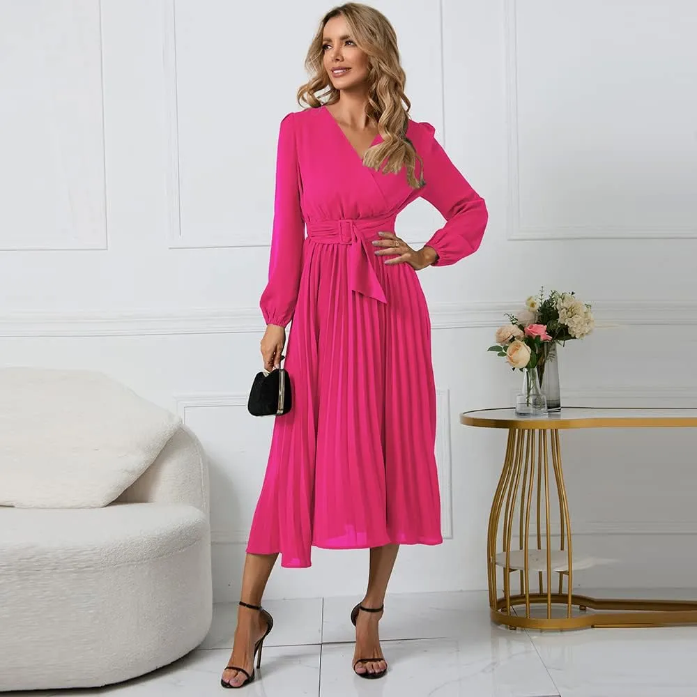 Womens Wrap V Neck Maxi Dress Long Sleeve A Line Pleated Flowy Dress Wedding Guest Dress