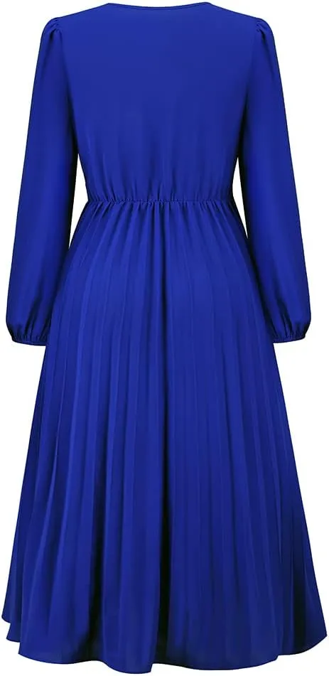 Womens Wrap V Neck Maxi Dress Long Sleeve A Line Pleated Flowy Dress Wedding Guest Dress