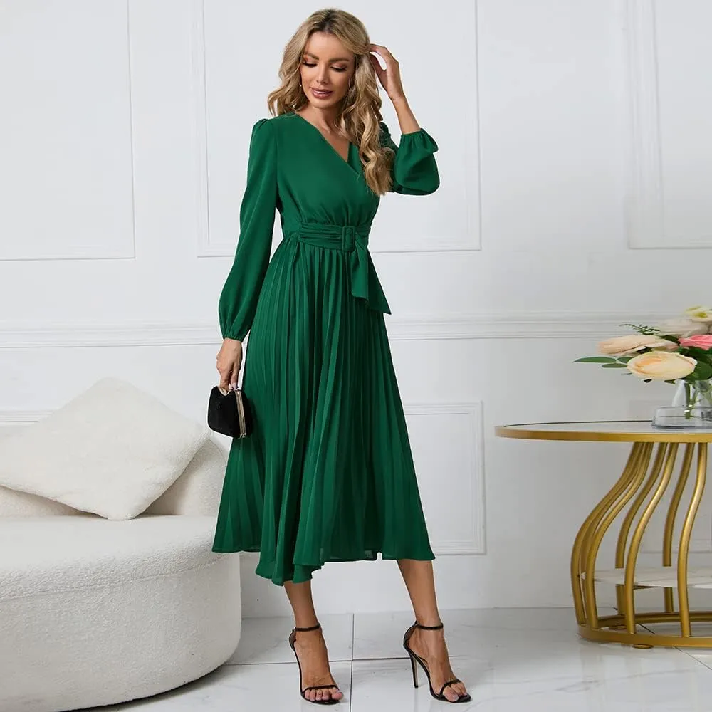 Womens Wrap V Neck Maxi Dress Long Sleeve A Line Pleated Flowy Dress Wedding Guest Dress