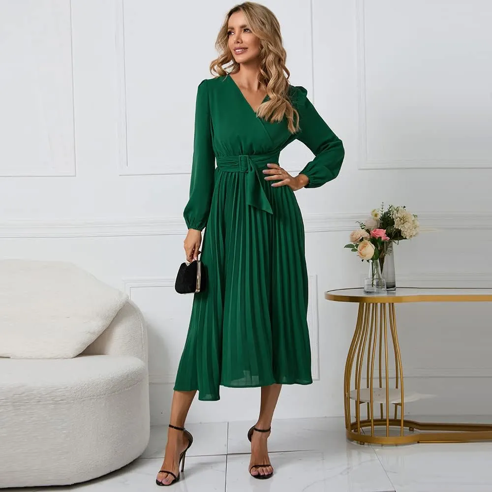 Womens Wrap V Neck Maxi Dress Long Sleeve A Line Pleated Flowy Dress Wedding Guest Dress