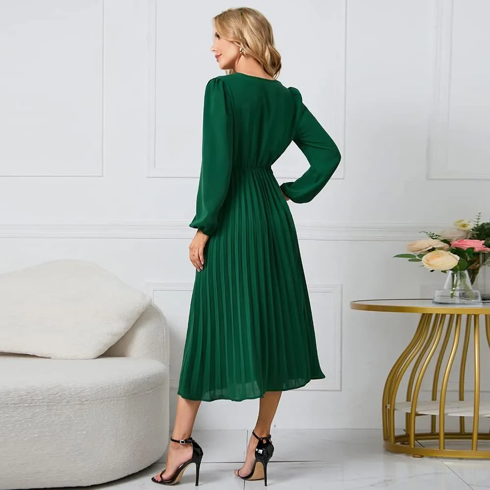 Womens Wrap V Neck Maxi Dress Long Sleeve A Line Pleated Flowy Dress Wedding Guest Dress