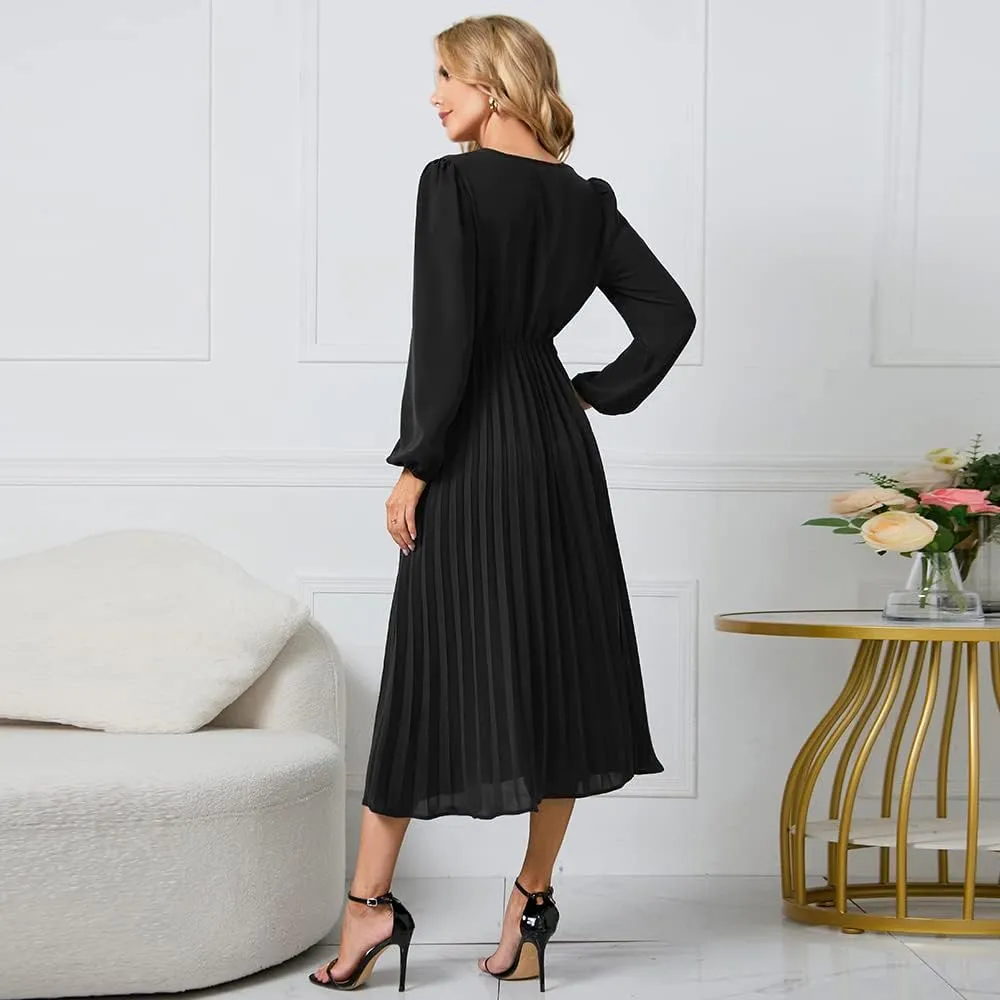 Womens Wrap V Neck Maxi Dress Long Sleeve A Line Pleated Flowy Dress Wedding Guest Dress