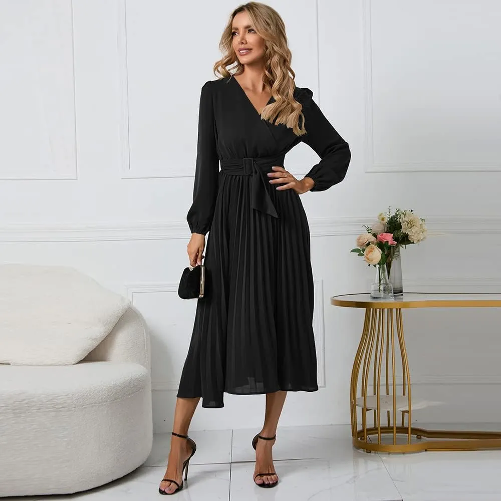 Womens Wrap V Neck Maxi Dress Long Sleeve A Line Pleated Flowy Dress Wedding Guest Dress