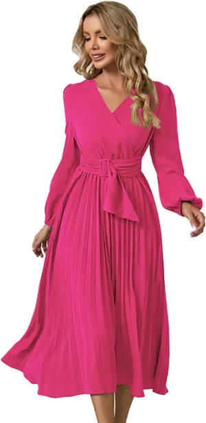 Womens Wrap V Neck Maxi Dress Long Sleeve A Line Pleated Flowy Dress Wedding Guest Dress