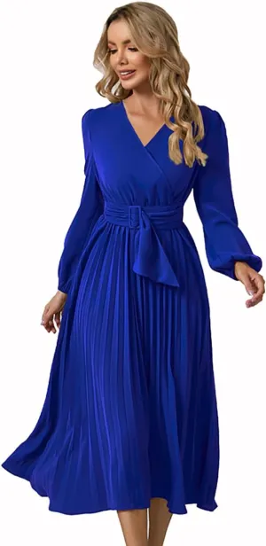 Womens Wrap V Neck Maxi Dress Long Sleeve A Line Pleated Flowy Dress Wedding Guest Dress