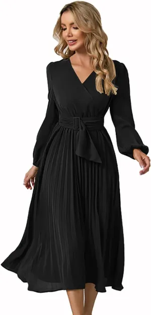 Womens Wrap V Neck Maxi Dress Long Sleeve A Line Pleated Flowy Dress Wedding Guest Dress