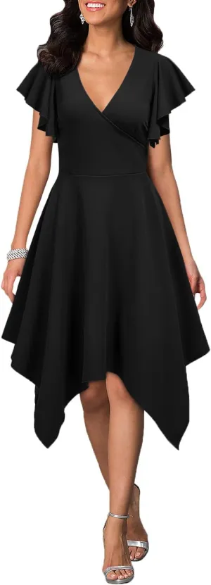 WOOSEA Women's Deep V Neck Formal Dress Hem Asymmetrical A Line Party Cocktail Dress