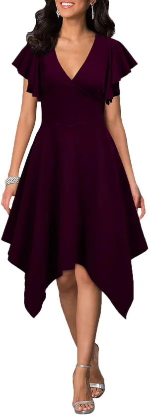 WOOSEA Women's Deep V Neck Formal Dress Hem Asymmetrical A Line Party Cocktail Dress