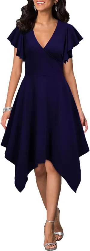 WOOSEA Women's Deep V Neck Formal Dress Hem Asymmetrical A Line Party Cocktail Dress