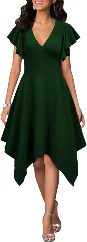 WOOSEA Women's Deep V Neck Formal Dress Hem Asymmetrical A Line Party Cocktail Dress