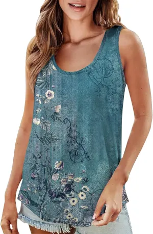 Workout Tops for Women Neck Short Sleeved 2D Printed Casual Loose and Versatile Vest Basic Racerback Slim Tops 2025