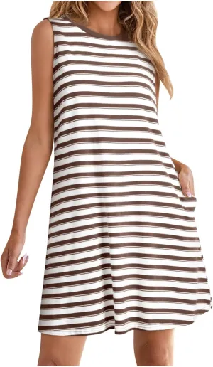 Xiaojmake Women Maternity Dress Loose Striped T-Shirt Dress Sleeveless Crewneck Tank Dress Casual Beach Sundress with Pockets