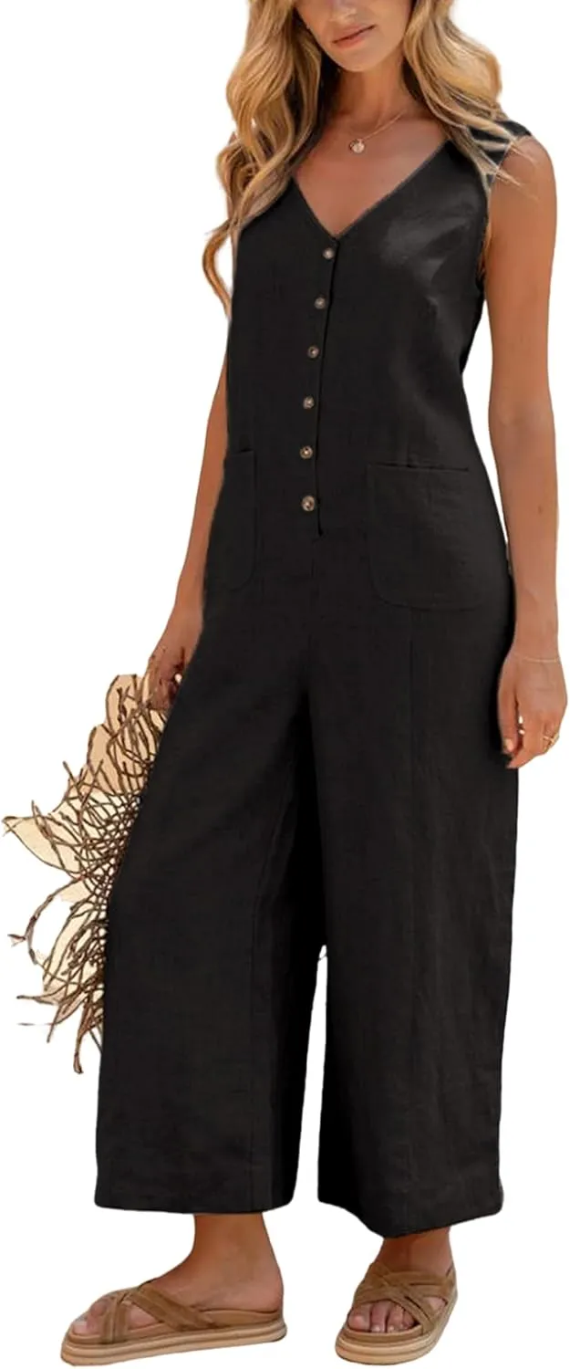 Yeokou Women Button Down Jumpsuits Cotton Linen Sleeveless Casual Wide Legs Rompers Loose Overall with Pockets
