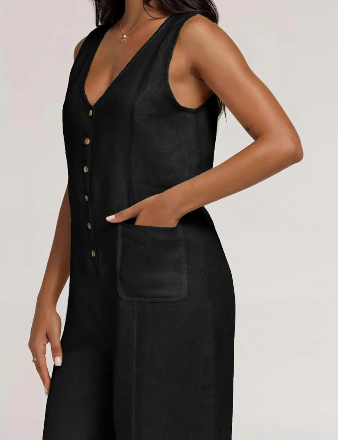 Yeokou Women Button Down Jumpsuits Cotton Linen Sleeveless Casual Wide Legs Rompers Loose Overall with Pockets