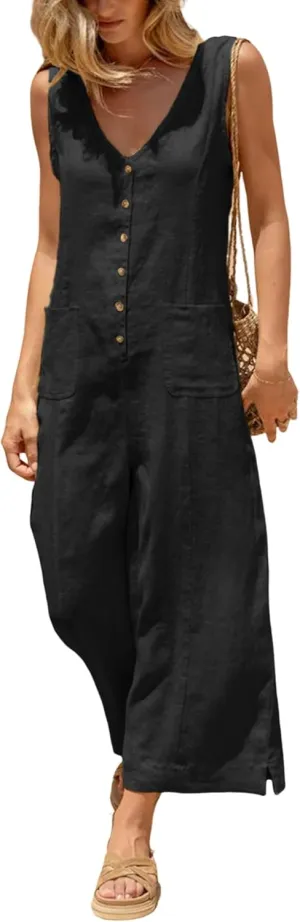 Yeokou Women Button Down Jumpsuits Cotton Linen Sleeveless Casual Wide Legs Rompers Loose Overall with Pockets