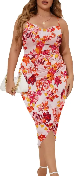 ZOMVA Plus Size Satin Dress 1X-4X Ruched Cowl Neck Spaghetti Strap Elegant Midi Dress Wedding Guest Cocktail Party