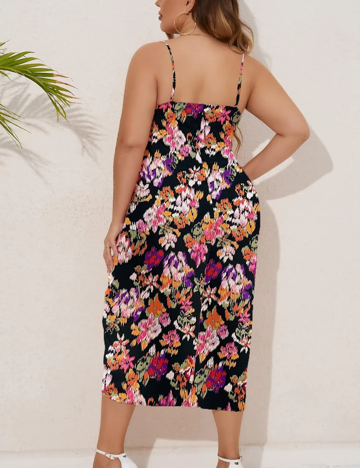 ZOMVA Plus Size Satin Dress 1X-4X Ruched Cowl Neck Spaghetti Strap Elegant Midi Dress Wedding Guest Cocktail Party