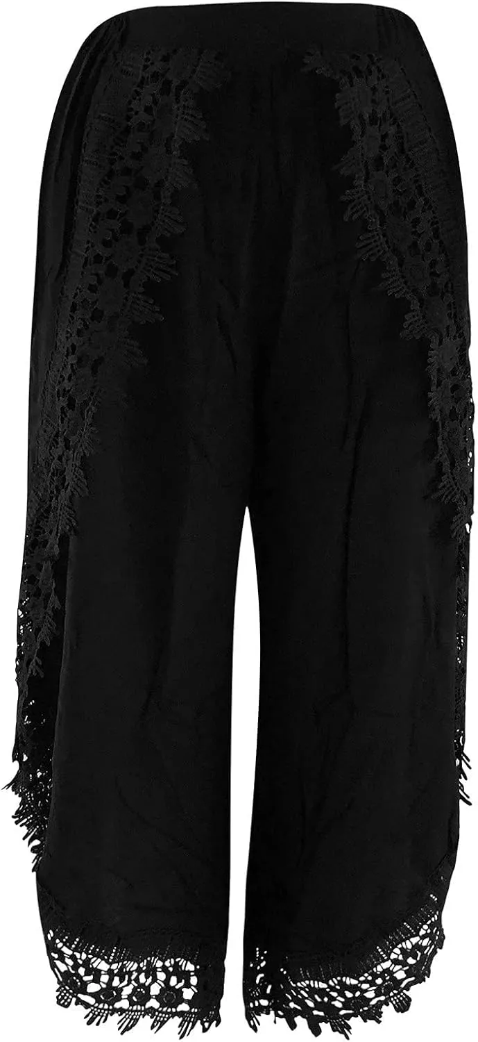 ZYXTIM Women Summer Boho Floral Printed Layered Wide Leg Pants Side Split Elastic Waist Loose Casual Beach Palazzo Pant Capri