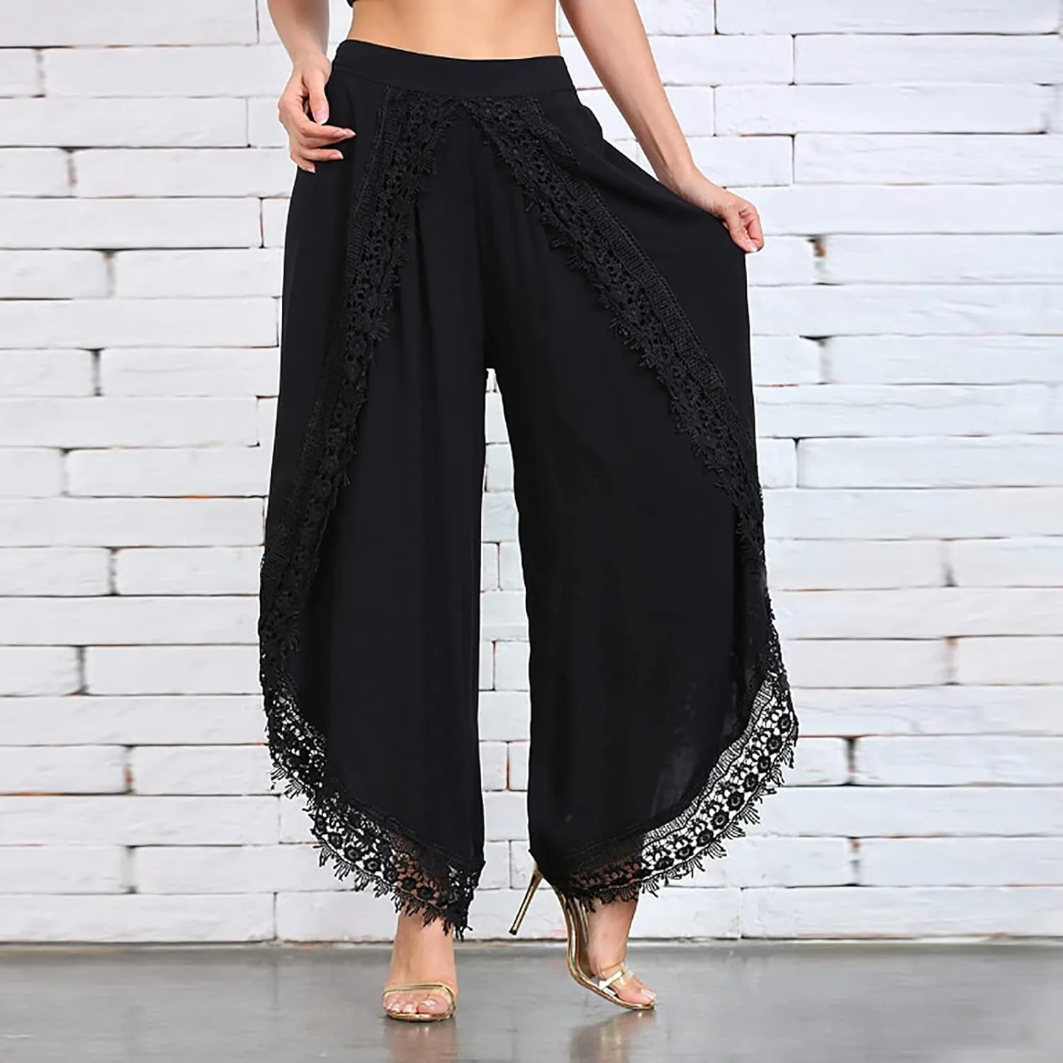 ZYXTIM Women Summer Boho Floral Printed Layered Wide Leg Pants Side Split Elastic Waist Loose Casual Beach Palazzo Pant Capri